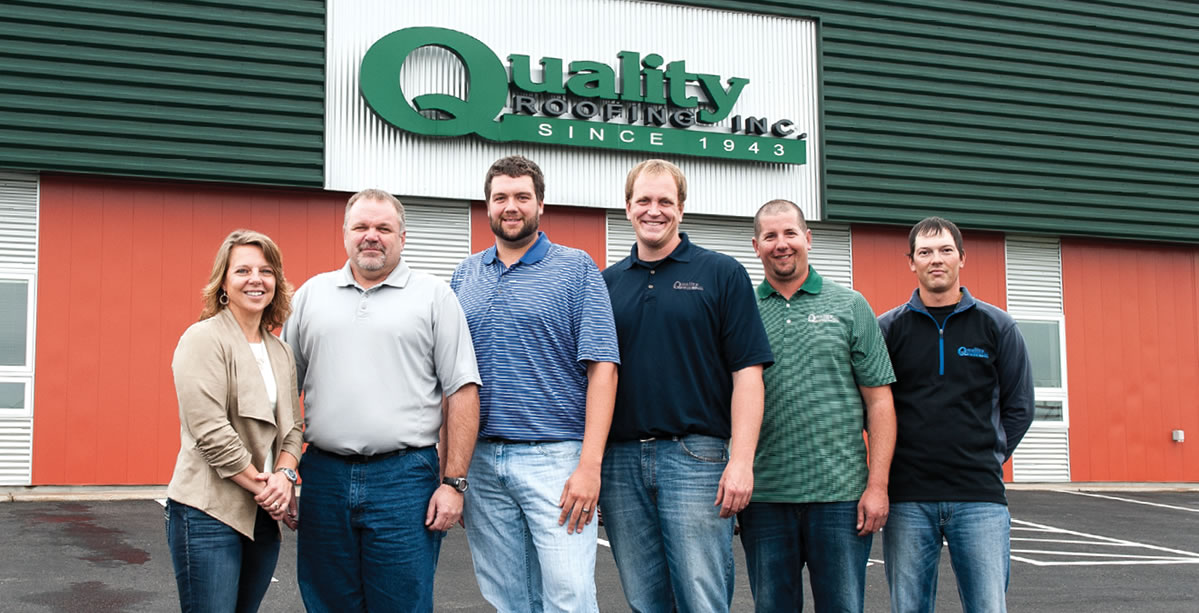 Quality Roofing owners Pat and Mark Begotka (from left) pose with employees Kyle Schultz, Lucas Kramer, David Peters and Andy St