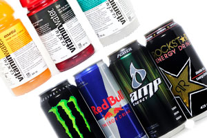 Vitamin Water, Monster, Red Bull, Amp and Rock Star energy drinks