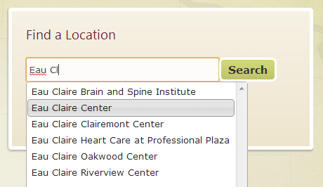 Location search featuring type ahead function.